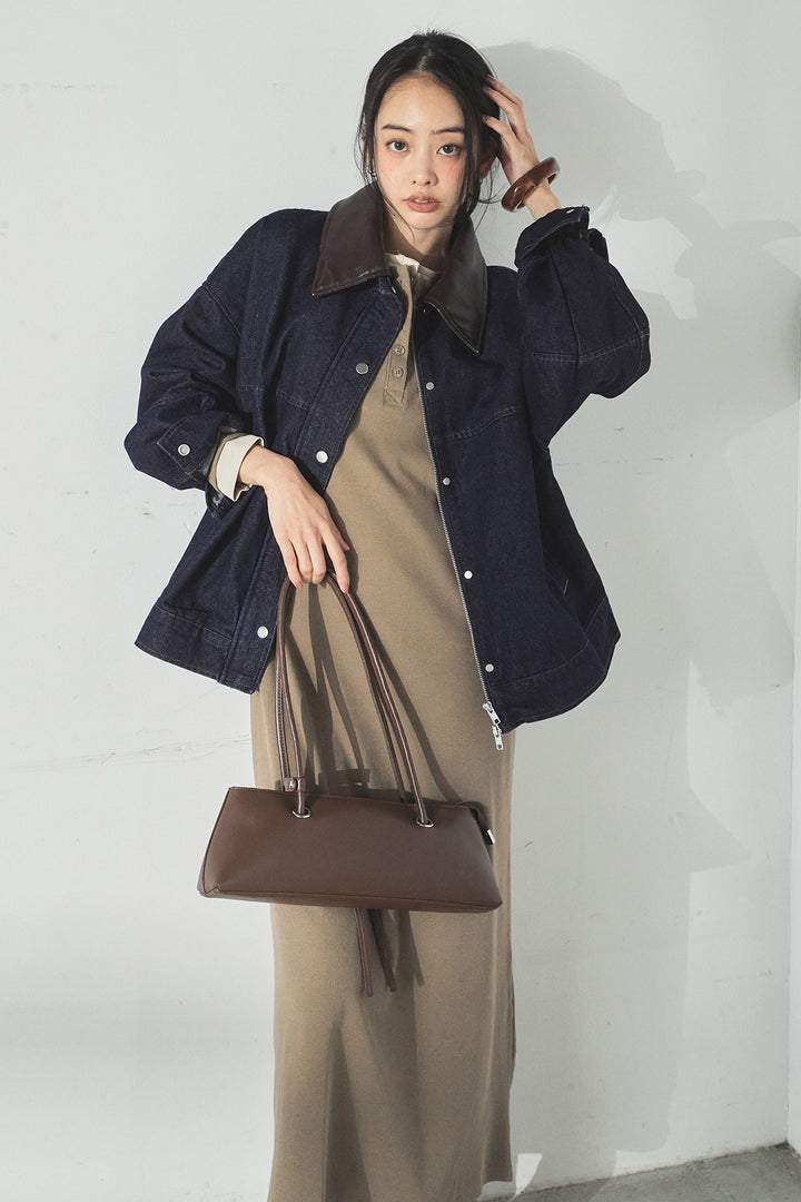 [SET]加工デニムレザー襟付きデニムブルゾン+カットリブレイヤードヘンリーネックワンピース(2set)