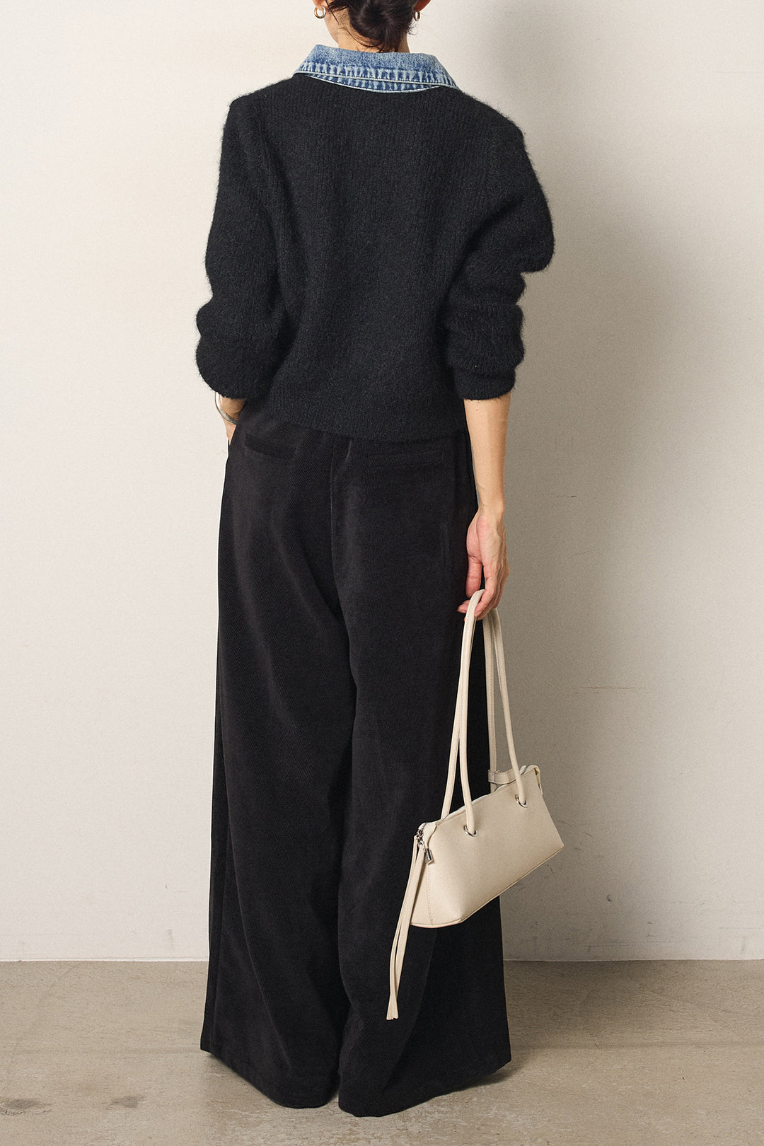 [SET]襟付きデニム切替ニットカーディガン+ベルトループコーデュロイワイドパンツ(2set)