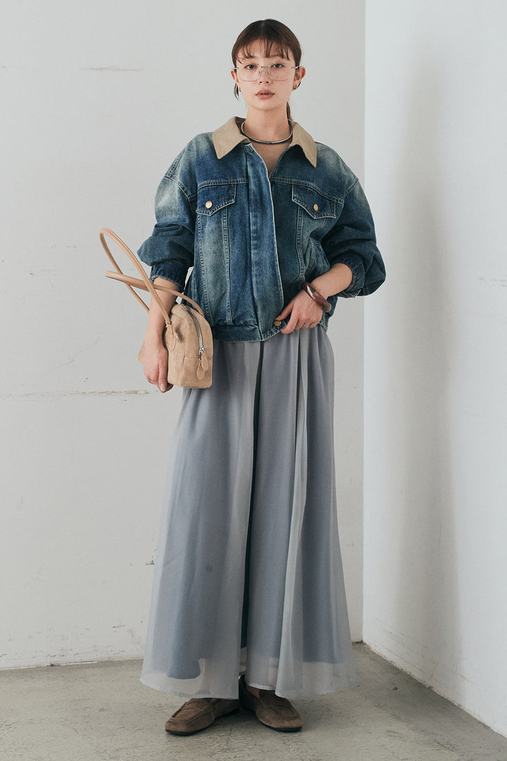 [SET]襟切り替えジップデニムジャケット+リラックスシアーフレアスカート(2set)