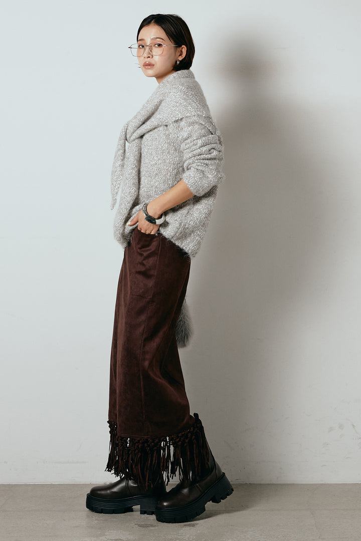 [SET]スカーフ付きミックスニットトップス+スウェードライク裾フリンジスカート(2set)