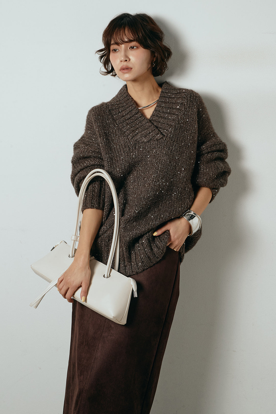 [SET]Vネックラメニットトップス+スウェードライク裾フリンジスカート(2set)