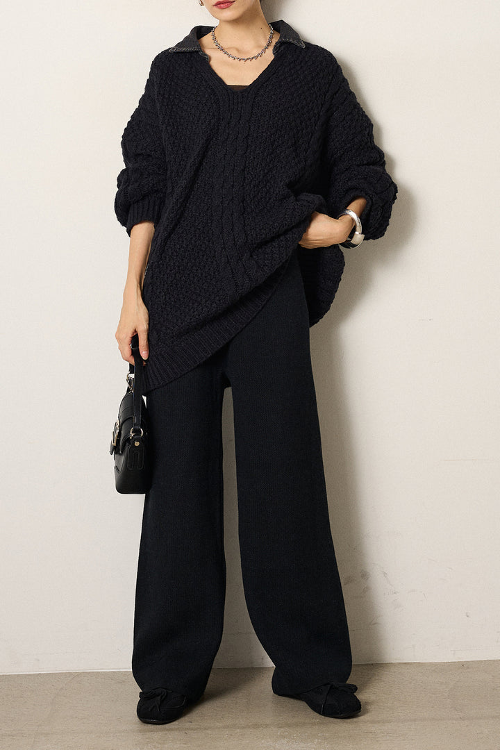 [SET]デニムカラーケーブルオーバーニット+ワイドリブニットイージーパンツ(2set)