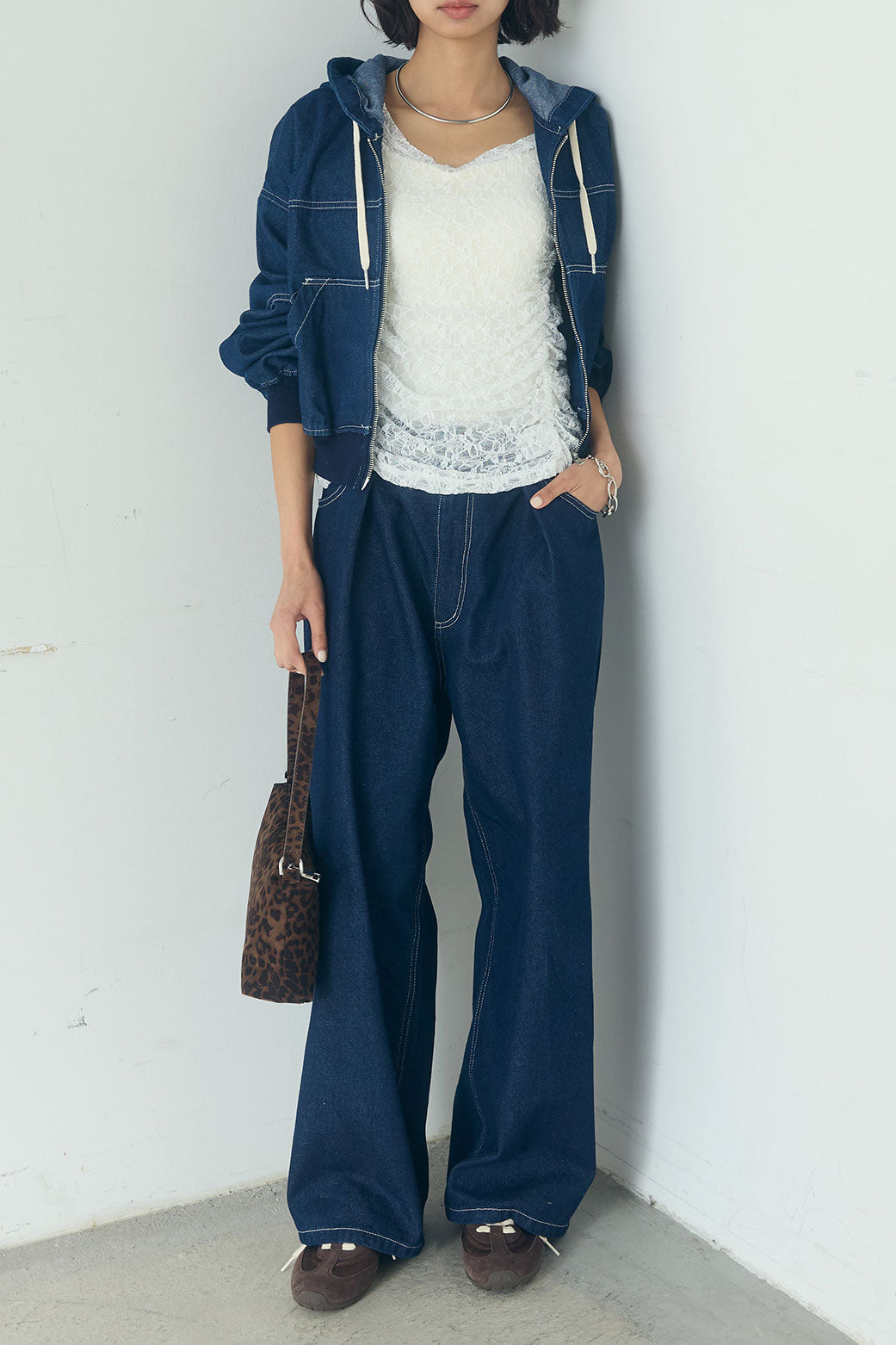 [SET]デニムダブルジップパーカーブルゾン+デニムタックカーブパンツ(2set)