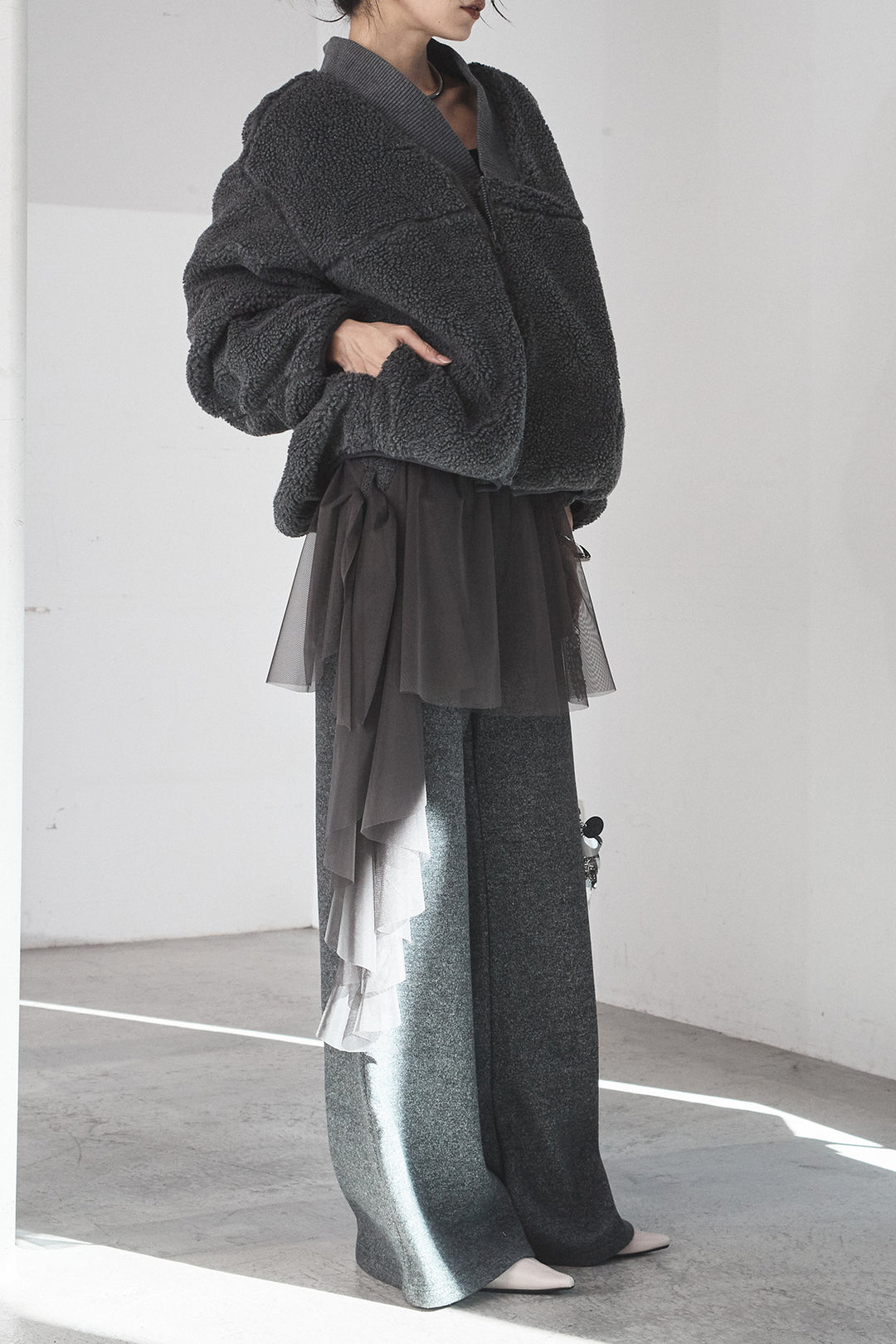 [SET]ノーカラーリブボアアウター+チュールレイヤードニットパンツ(2set)