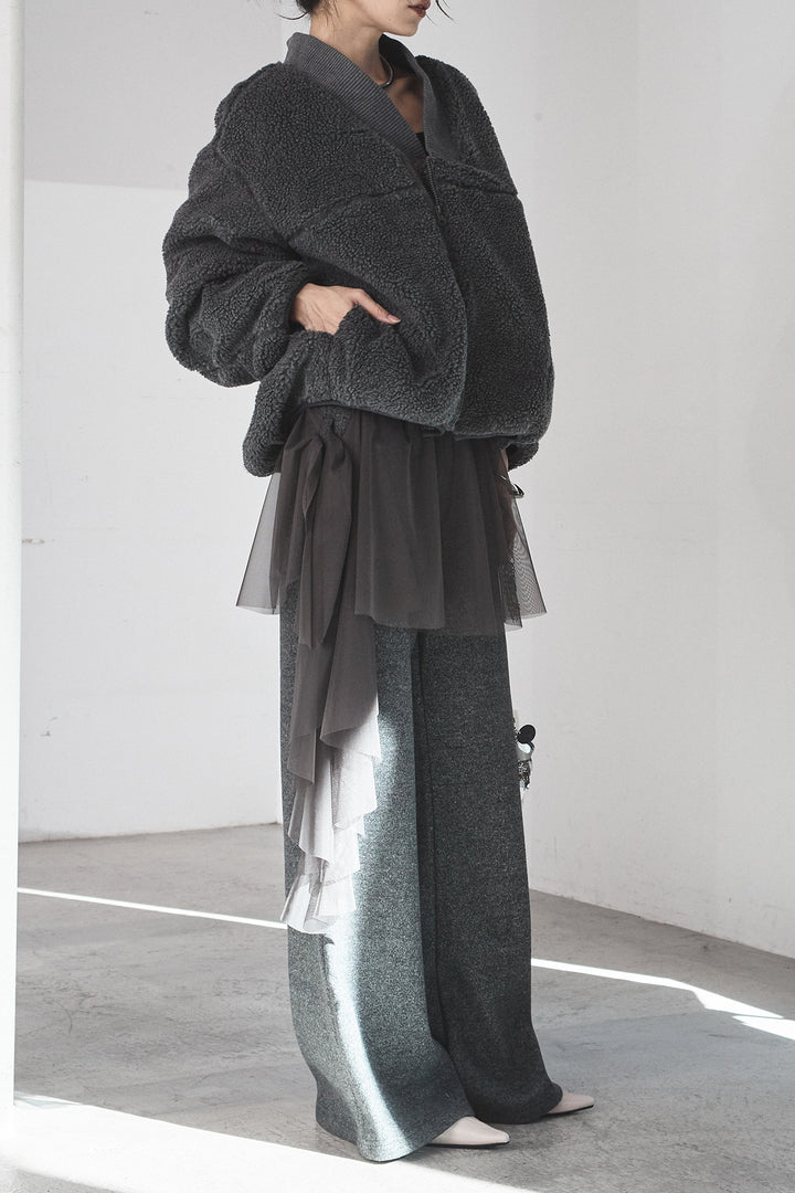 [SET]ノーカラーリブボアアウター+チュールレイヤードニットパンツ(2set)