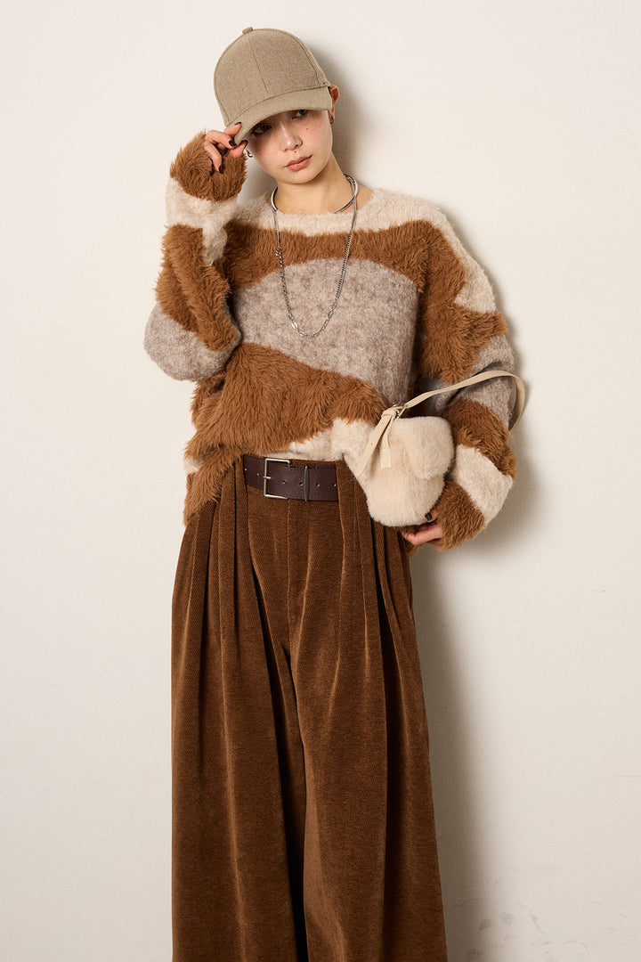 [SET]シャギーウェーブ柄クルーネックニットトップス+ベルトループコーデュロイワイドパンツ(2set)