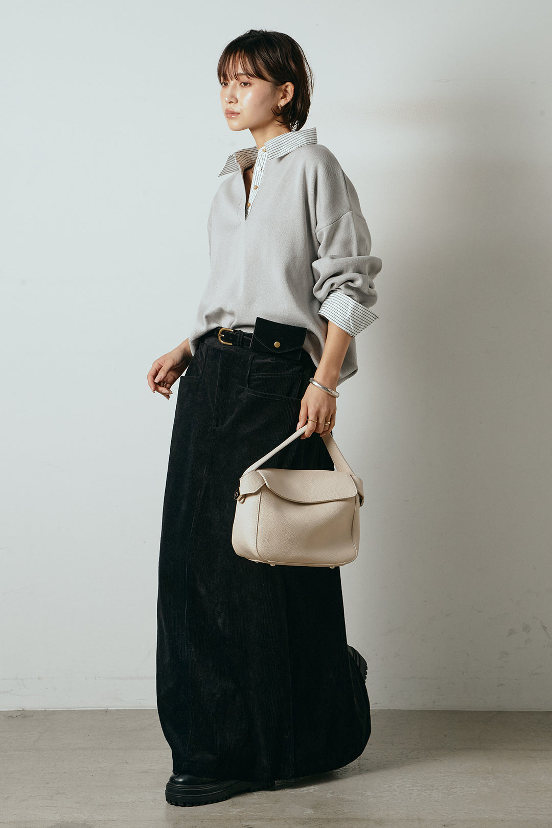 [SET]ストライプシャツドッキングポロトップス+ポーチベルト付きコーデュロイワイドスカート(2set)