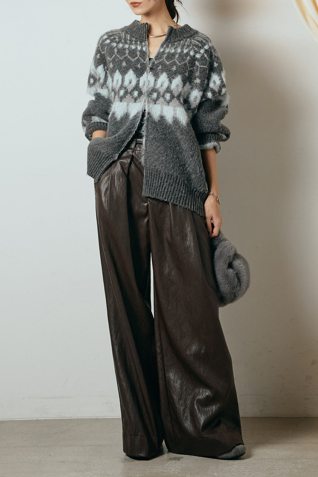 [SET]起毛ダブルジップパターンニットカーディガン+ベルト付きレザーライクタックパンツ(2set)