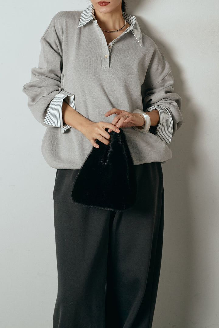 [SET]ストライプシャツドッキングポロトップス+裏起毛スウェットワイドパンツ(2set)