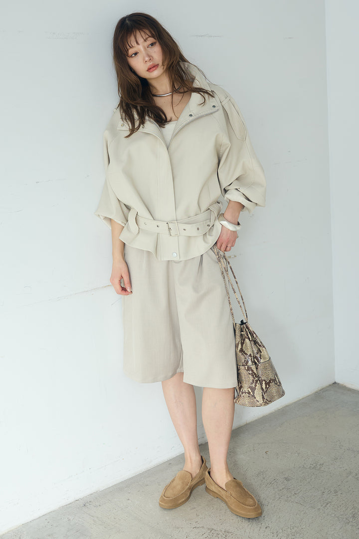 [SET]ベルト付きスタンドネックアウター+ツイルタックハーフパンツ(2set)