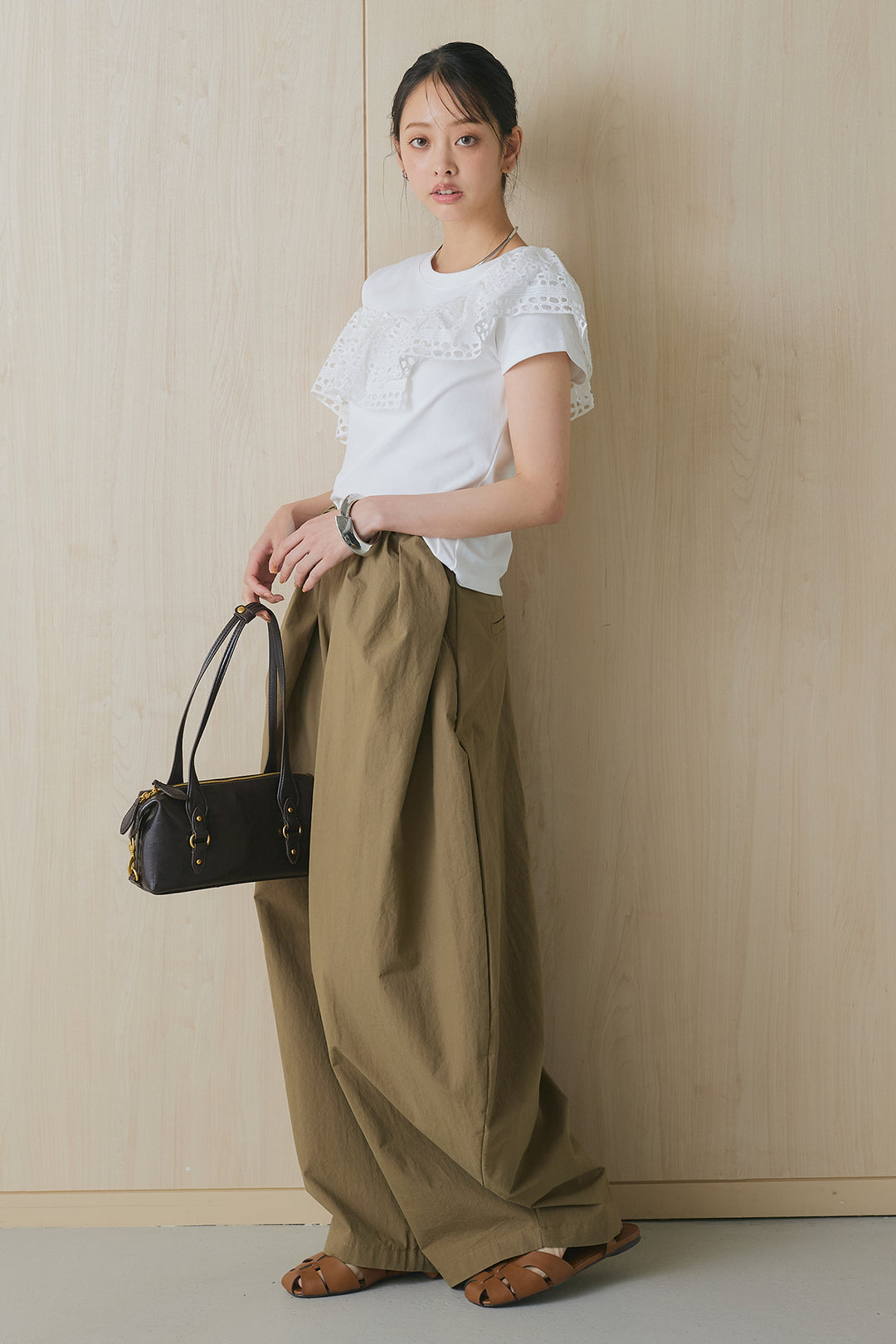 [SET]レースコンビノースリカットソー+細ベルトループワイドパンツ(2set)