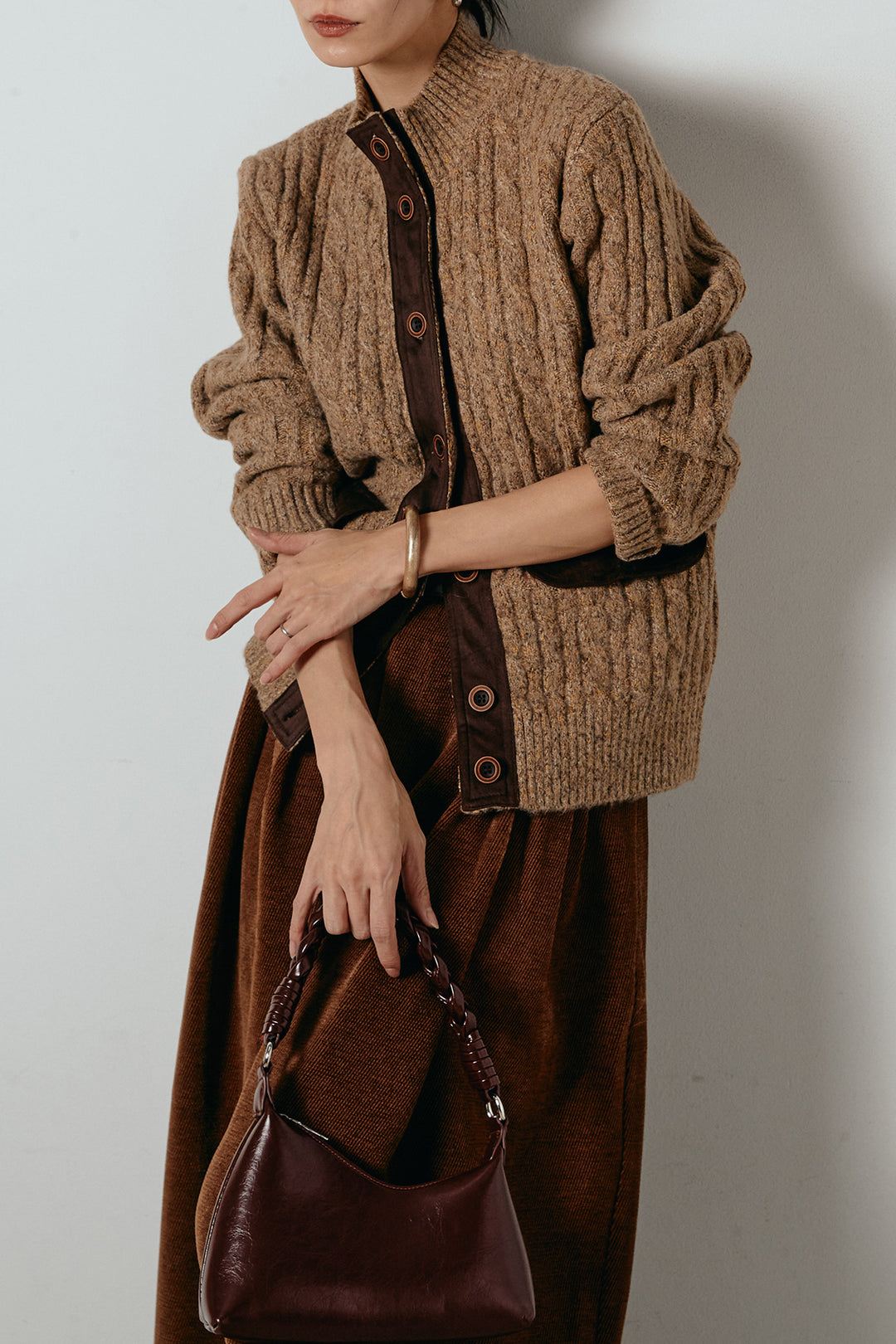 [SET]ボトルネックケーブルニットカーディガン+ベルトループコーデュロイワイドパンツ(2set)