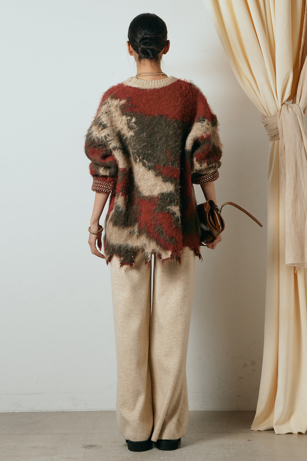 [SET]起毛裾デザインニュアンス柄ニットトップス+センターラインニットパンツ(2set)