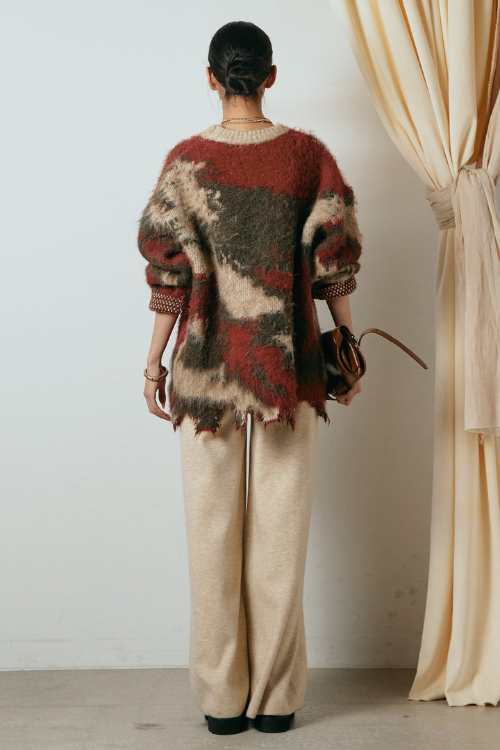 [SET]起毛裾デザインニュアンス柄ニットトップス+センターラインニットパンツ(2set)