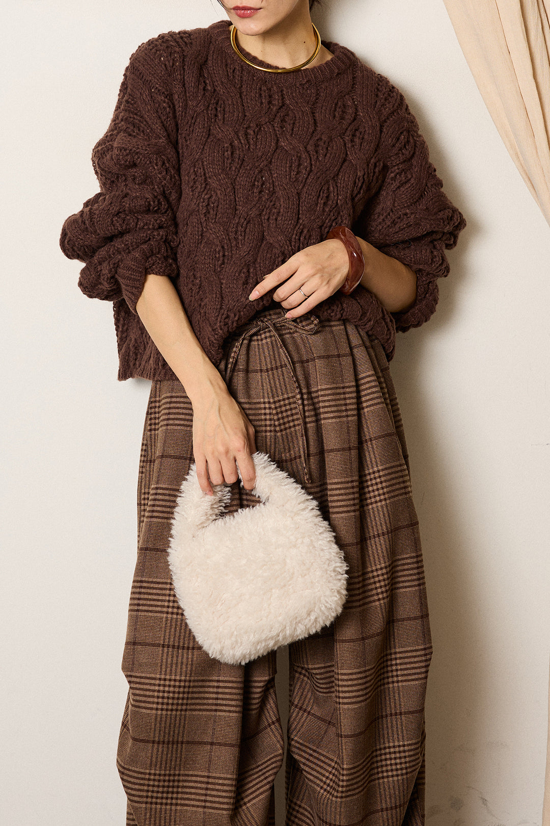 [SET]ケーブルリラックスショートニット+グレンチェックルーズタックパンツ(2set)