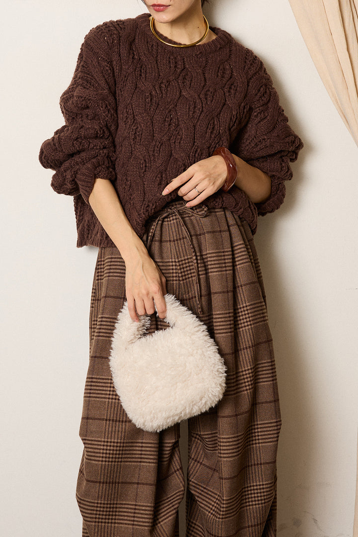 [SET]ケーブルリラックスショートニット+グレンチェックルーズタックパンツ(2set)