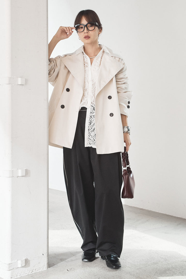 [SET]ナイロントレンチコート+合繊ツイルパイピングタックカーブパンツ(2set)