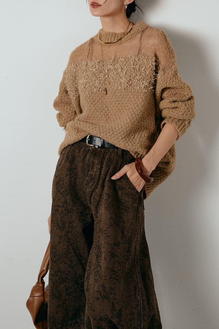 [SET]パターンランダム編みニットトップス+ベルト付きニュアンス柄カーブワイドパンツ(2set)