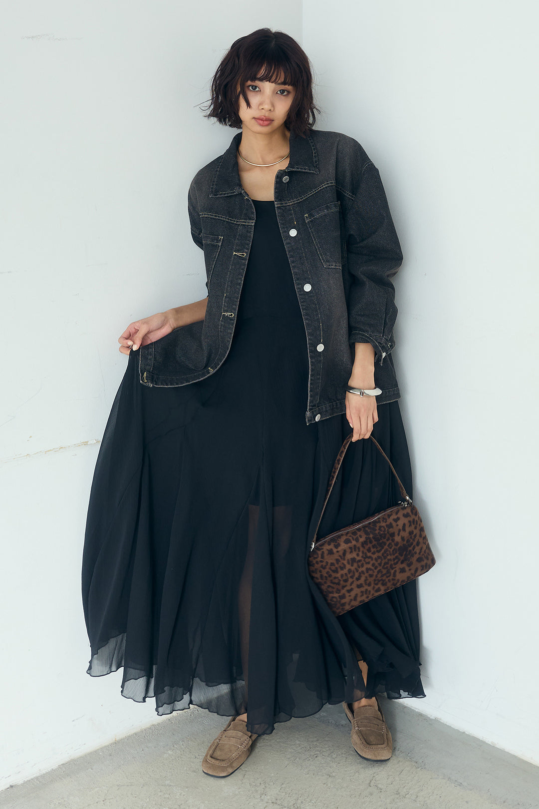 [SET]デニムオーバーサイズジャケット+シアーフリルキャミワンピース(2set)