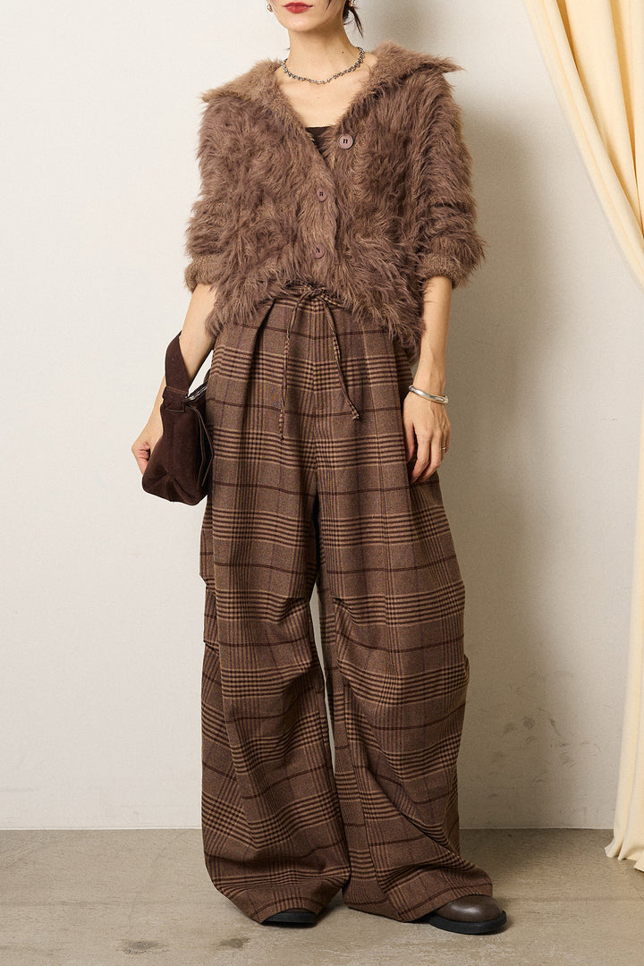 [SET]襟付きシャギーニットカーディガン+グレンチェックルーズタックパンツ(2set)