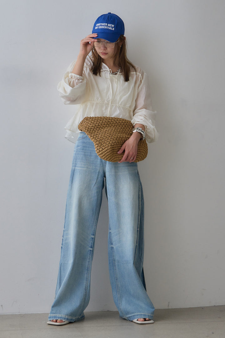 [SET]ウエストドロストシフォンブラウス+ストレートデニムパンツ(2set)