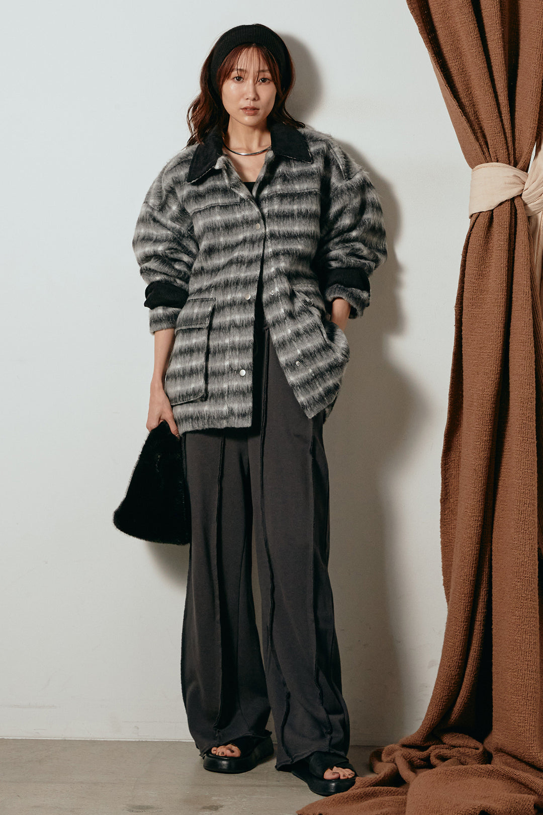 [SET]チェックシャギーミドルカバーオール+フロントラインデザインワイドスウェットパンツ(2set)