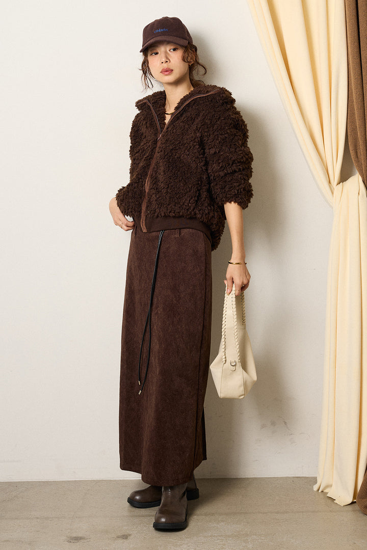 [SET]スタンドカラー裾リブボアブルゾン+ロープベルト付きスウェード調スカート(2set)