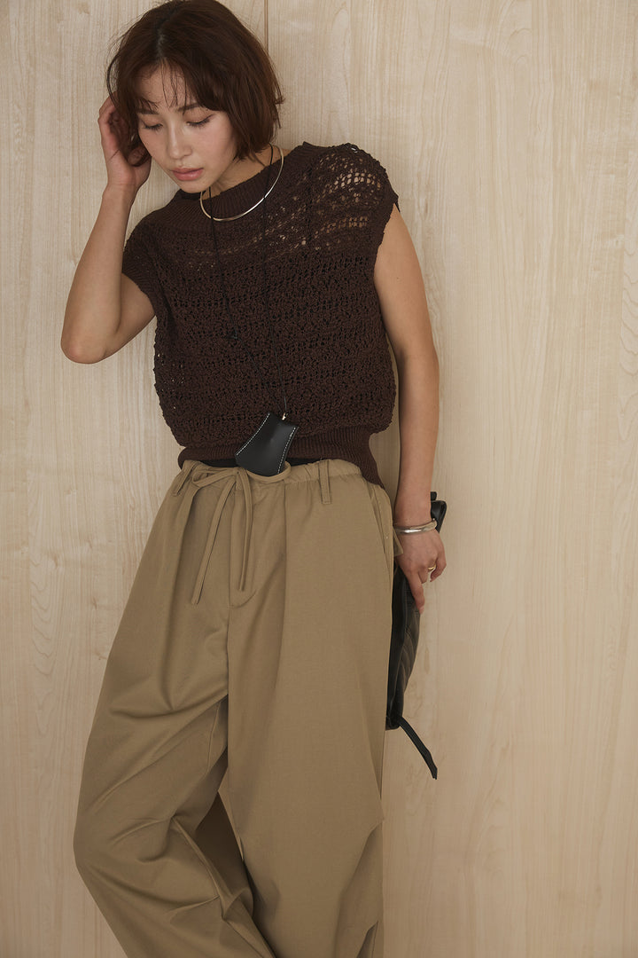 [SET]透かしレース編みフレンチニット+ニーサイドタックウエストドロストパンツ(2set)