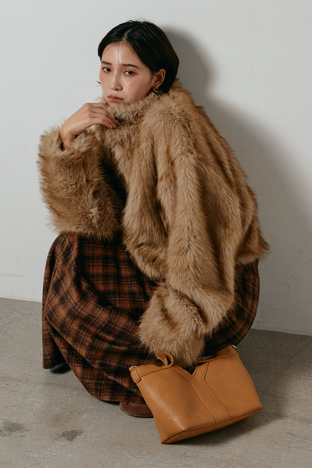 [SET]エコファーショート丈ブルゾン+シャギーチェックストレートスカート(2set)