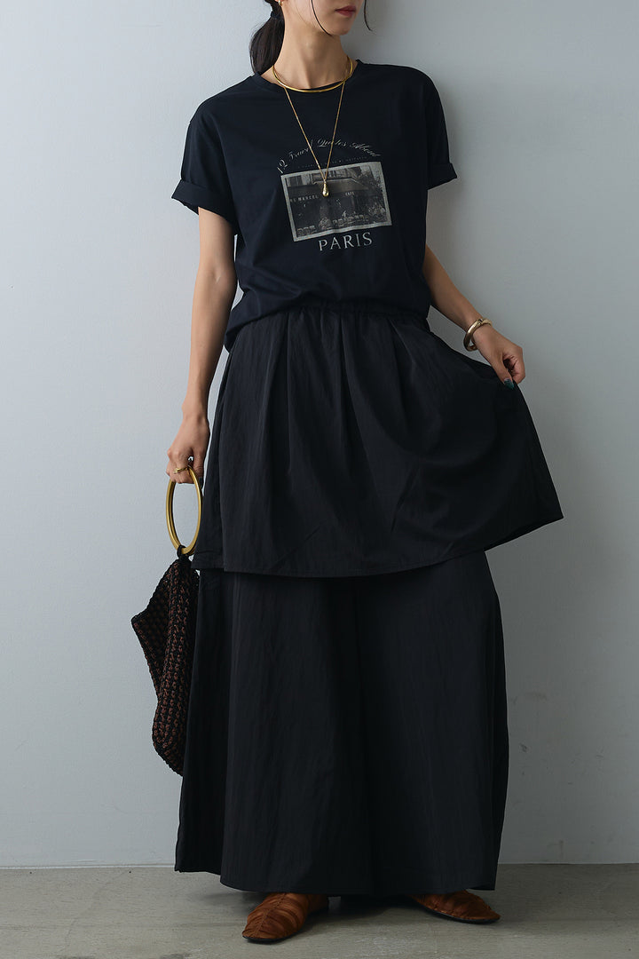 [SET]PARISフォトTシャツ+タックスカートドッキングフレアパンツ(2set)