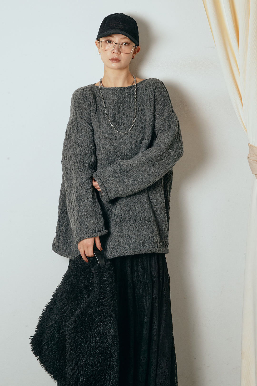 [SET]ボリューム編みニットプルオーバー+ひげレース切替ロング丈スカート(2set)