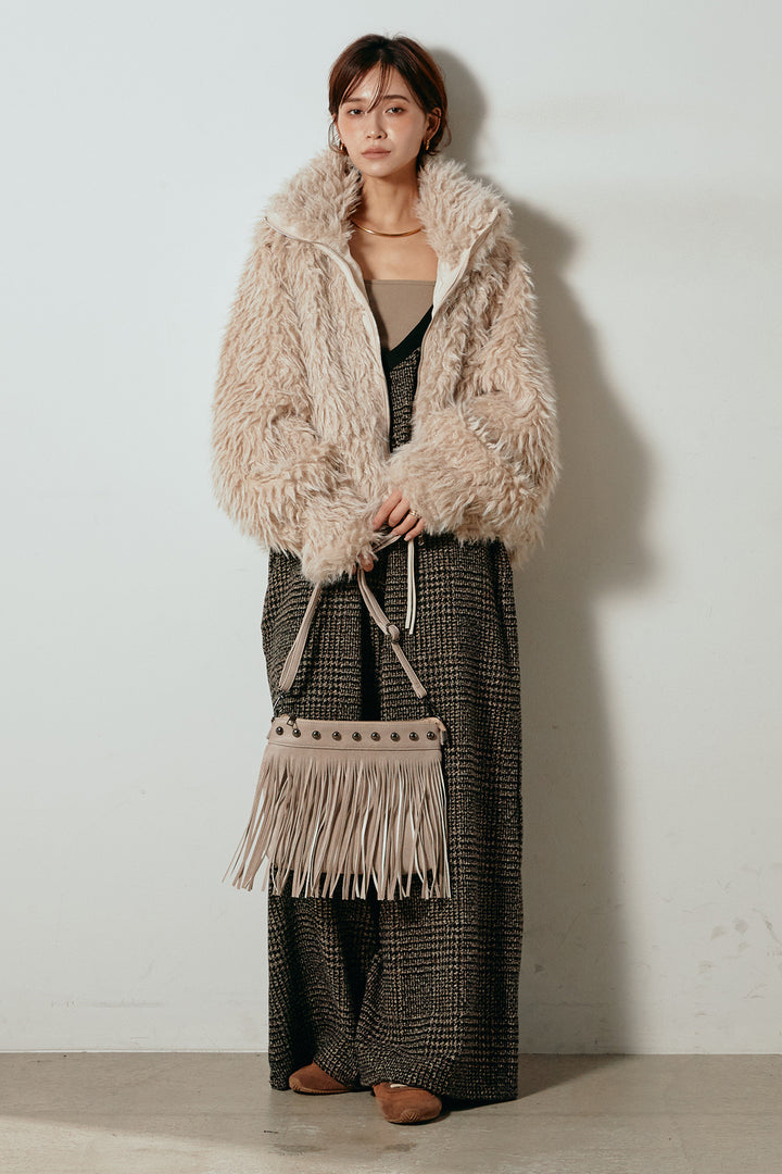 [SET]ミックスシープファースタンドブルゾン+前後2wayグレンチェック柄スカーチョサロペット(2set)