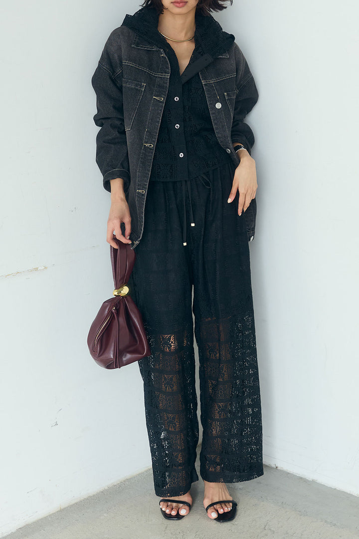 [SET]デニムオーバーサイズジャケット+パッチワークレースイージーパンツ+パッチワークレースショート丈フードシャツ(3set)