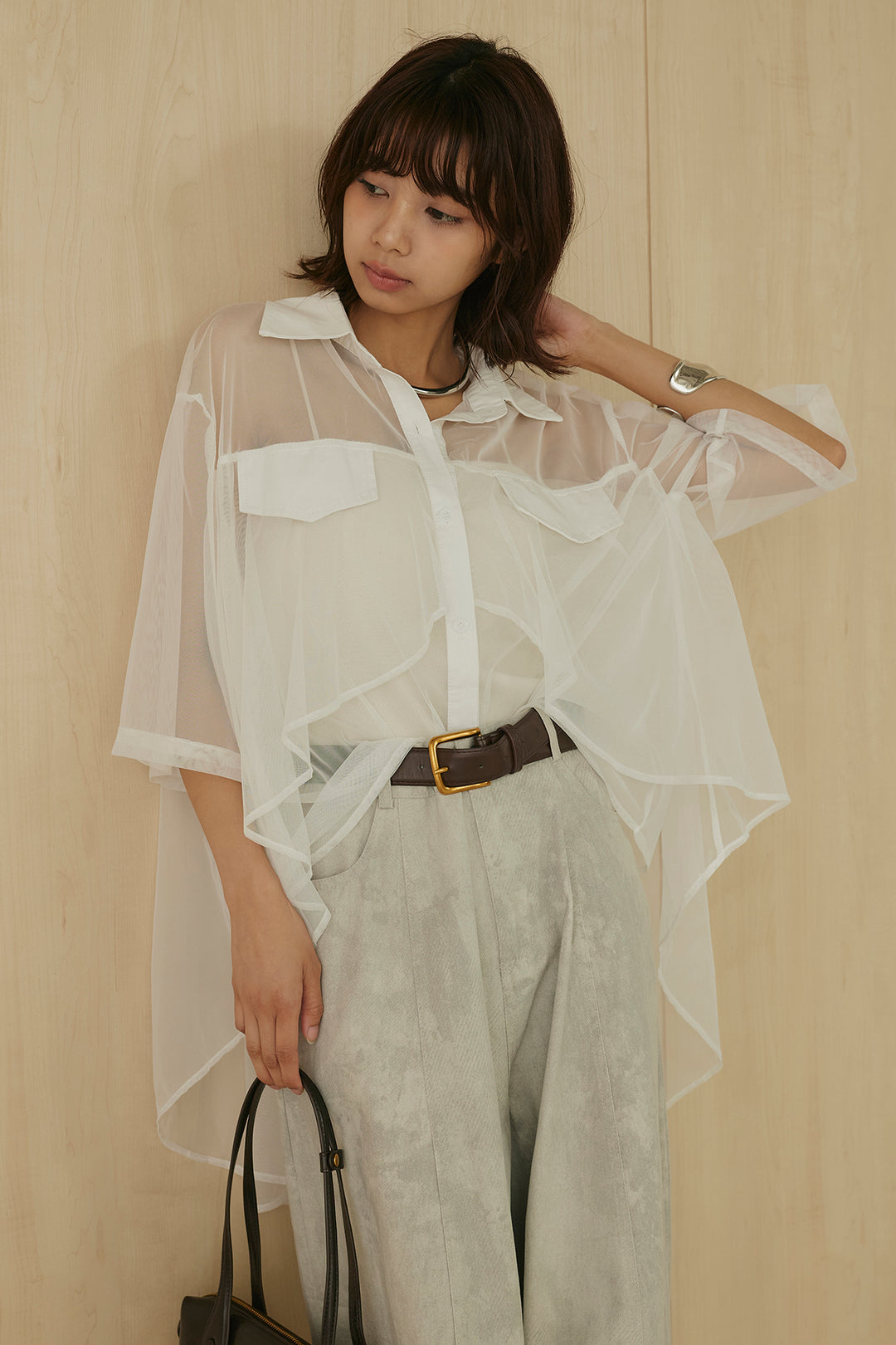 [SET]バックロングシアーシャツ+ニュアンスダイボリュームパンツ(2set)