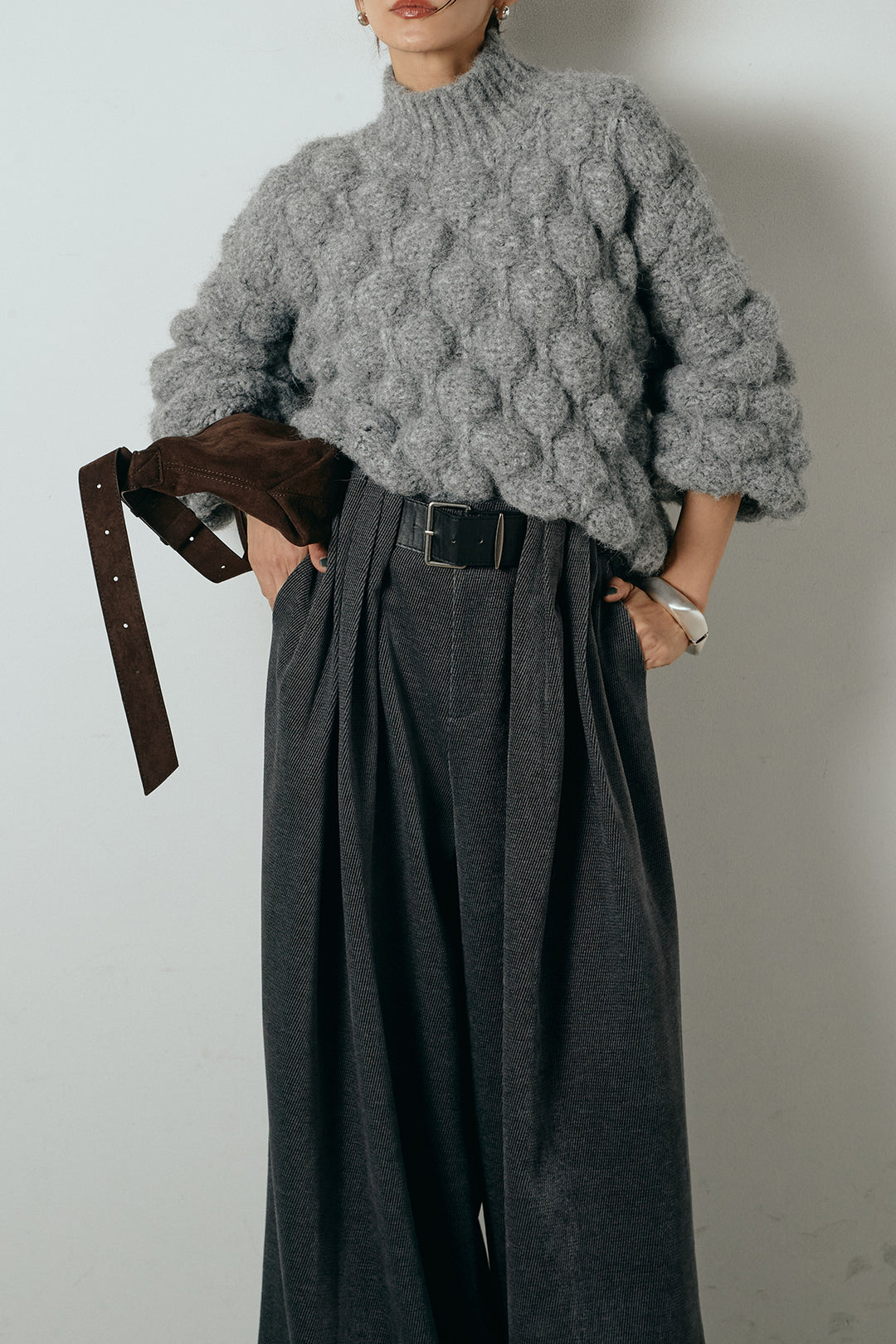 [SET]ボリュームポップコーンニットトップス+ベルトループコーデュロイワイドパンツ(2set)
