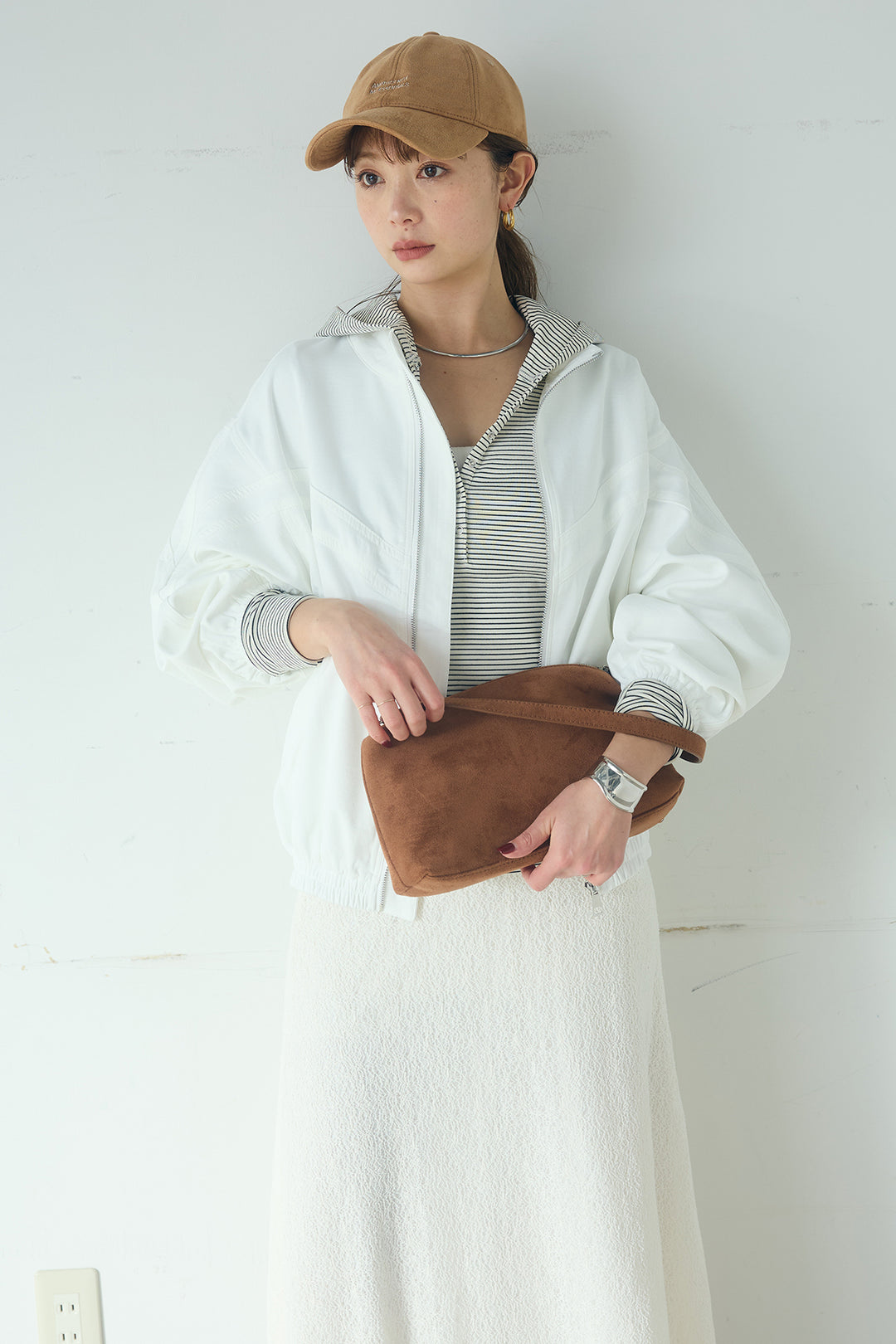 [SET]マルチ切り替えドルマンブルゾン+メッシュ刺繍ロングスカート+ボーダーフーディーロンT(3set)