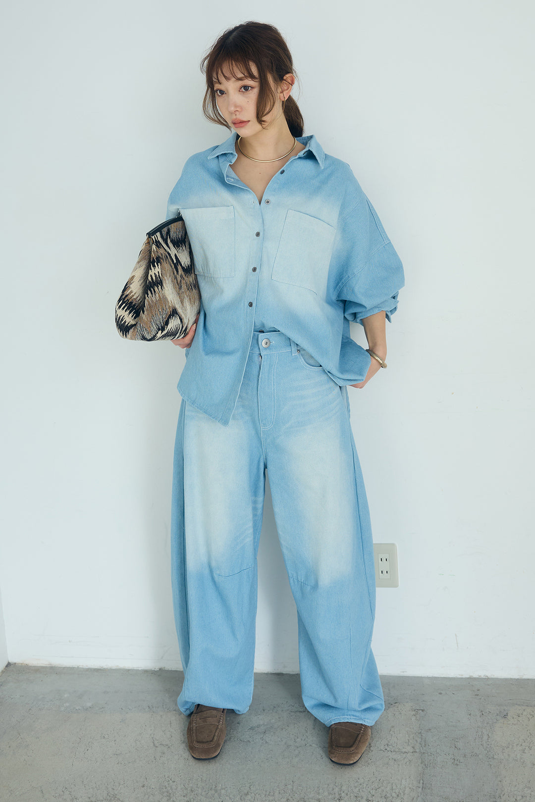 [SET]ヴィンテージ加工デニムオーバーシャツ+ヴィンテージ加工デニムワイドパンツ(2set)