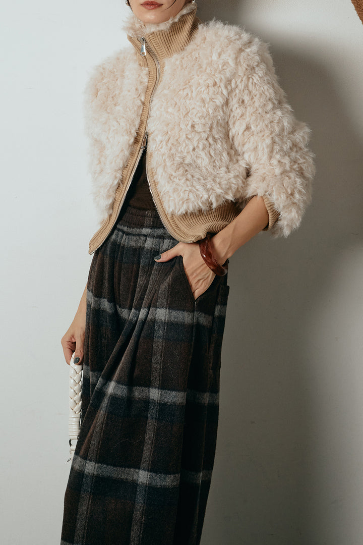 [SET]ハイネックショート丈ボアジップブルゾン+起毛タータンチェック柄ワイドパンツ(2set)