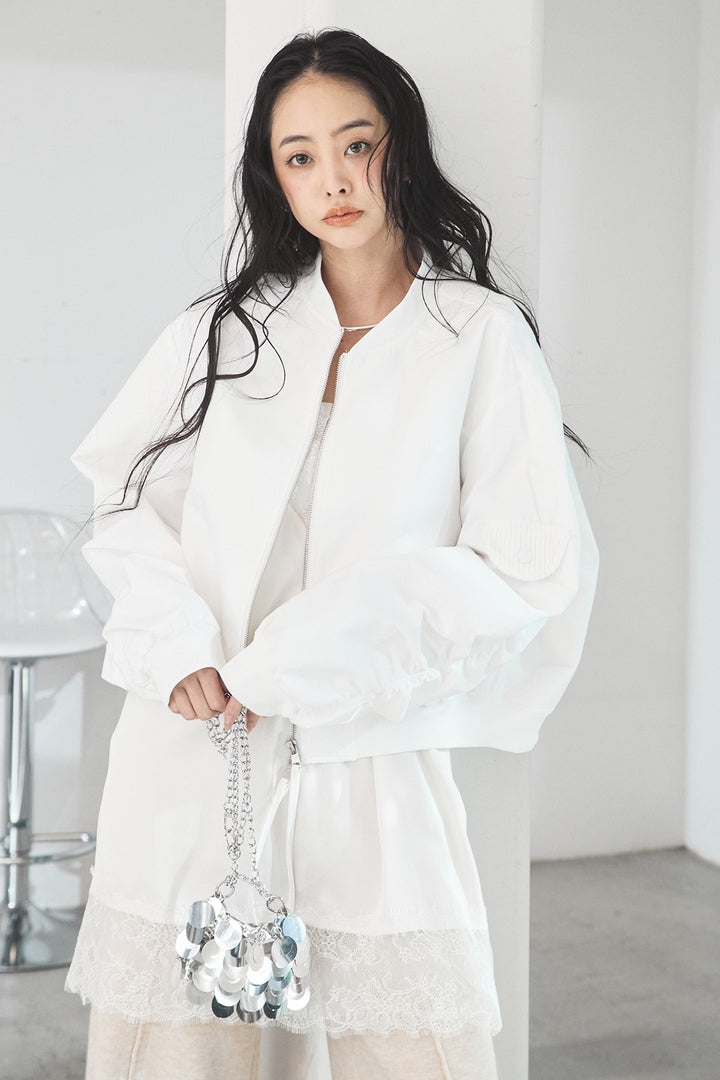 [SET]袖ギャザーデザインブルゾン+センターラインニットパンツ(2set)