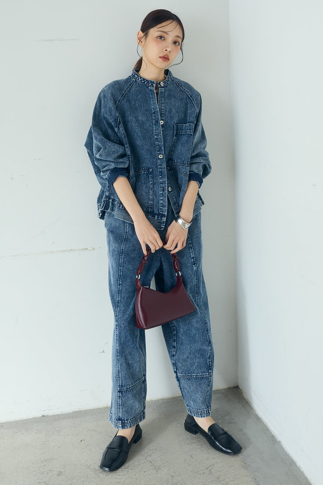 [SET]カラーデニムケミカル加工ノーカラーブルゾン+カラーデニムケミカル加工コクーンパンツ(2set)