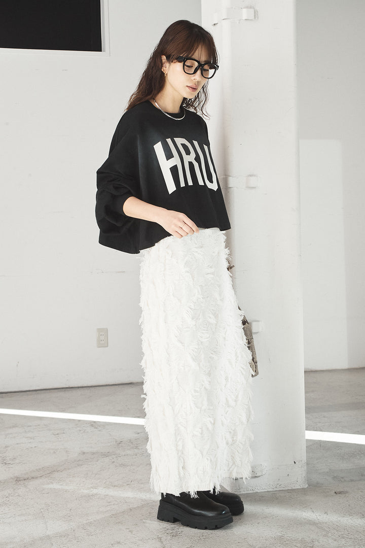 [SET]ビッグロゴHRU袖ボリュームトップス+カットフリンジニットタイトスカート(2set)