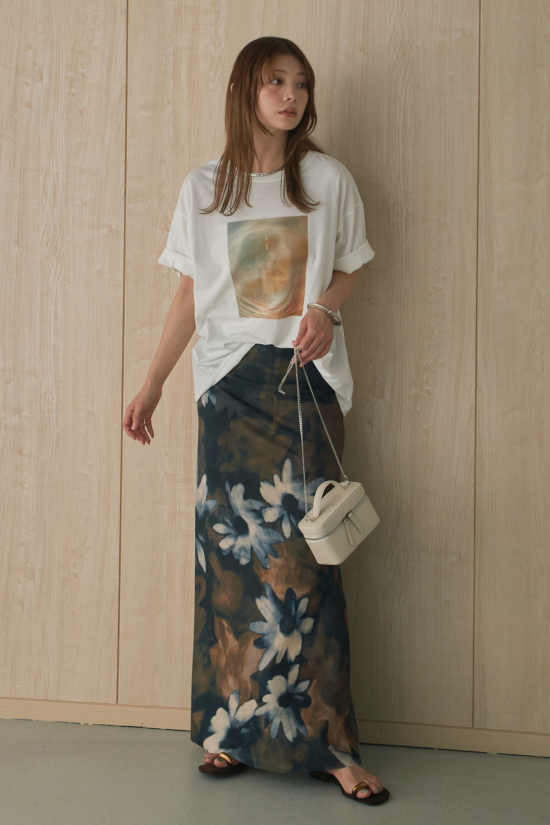 [SET]MarbleプリントTシャツ+ニュアンス花柄スカート(2set)