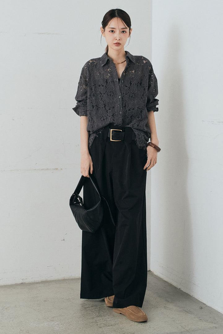 [SET]レース裾スカラップシャツ+ベルトループデザインハイウエストタックパンツ(2set)