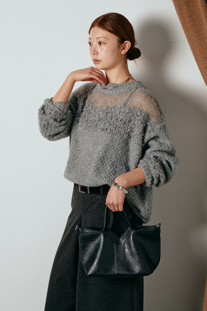 [SET]パターンランダム編みニットトップス+ベルト付きフロントタックデザインパンツ(2set)