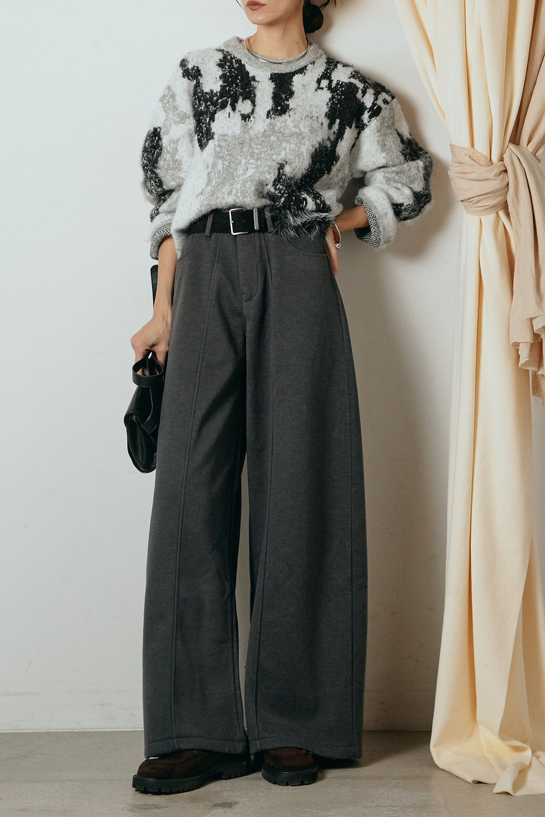 [SET]起毛ニュアンス柄ニットプルオーバー+ファーベルト付きワイドパンツ(2set)
