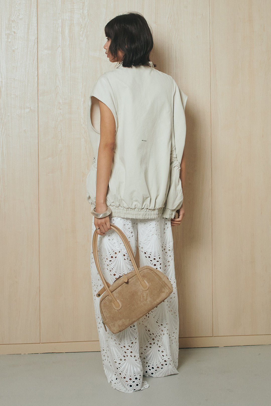 [SET]ショルダー切替スタンドネックジップベスト+レース刺繍リラックスパンツ(2set)