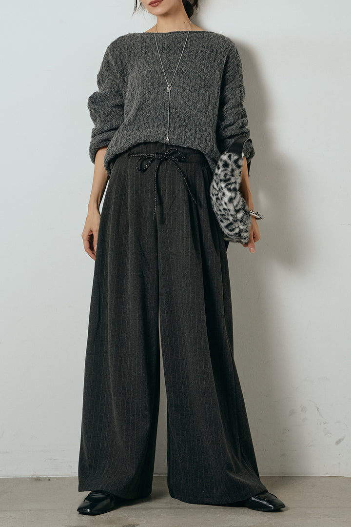 [SET]ボリューム編みニットプルオーバー+編みベルト付きピンストライプワイドパンツ(2set)
