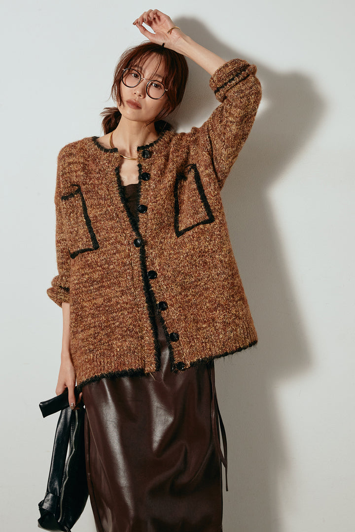 [SET]ミックスニットポケットカーディガン+紐付きフェイクレザーワイドスカート(2set)