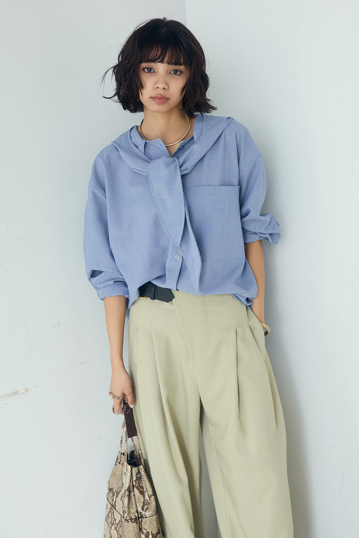 [SET]無地タイ付フーディーBIGシャツ+サイドベルトタック入りスラックス(2set)