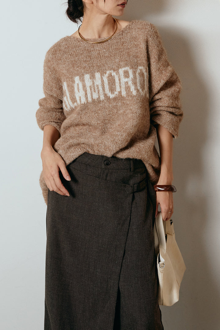 [SET]フロントロゴデザインニットトップス+ラップ巻きワイドスラックス(2set)